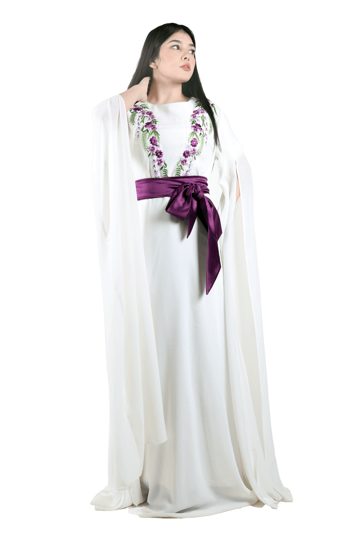 Long sleeve off-White flowers dress - TATREEZ STORE