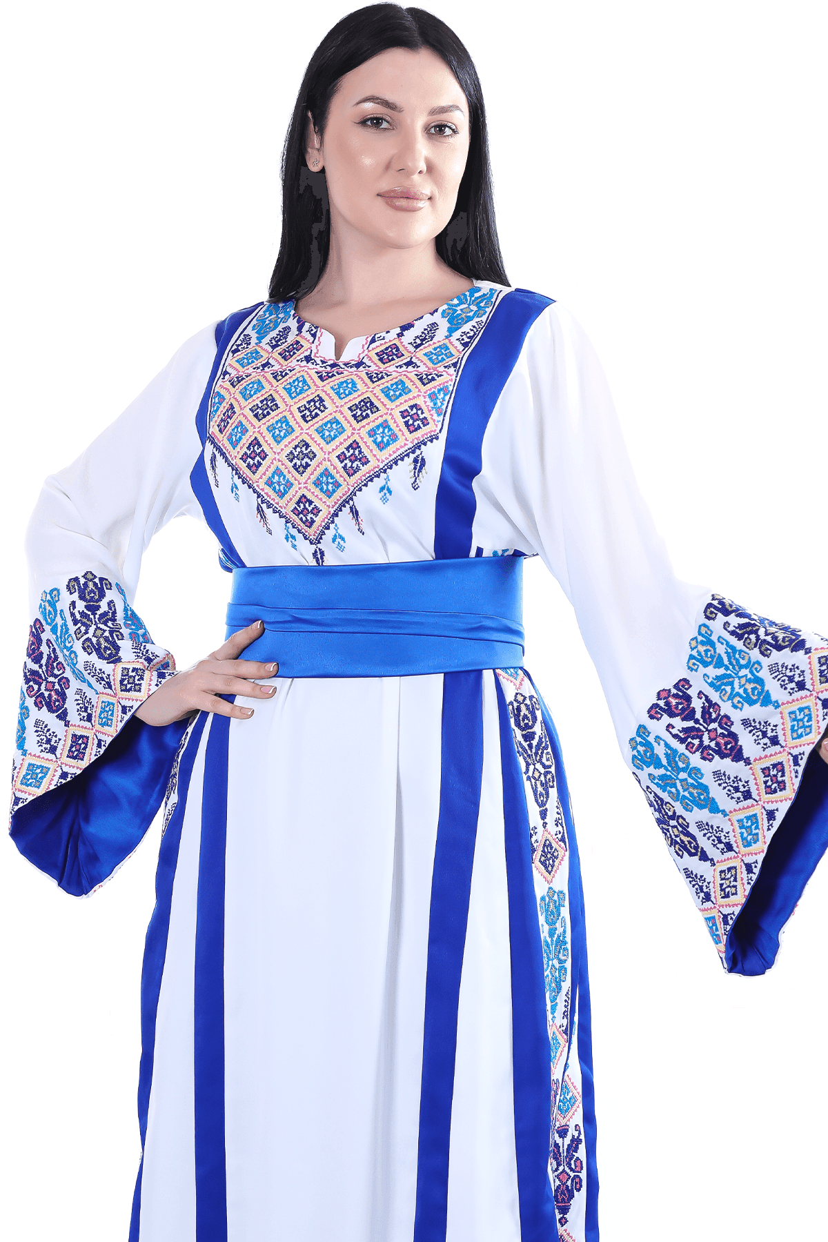 White & Blue Hand-Stitched Thoub - Tatreez Store