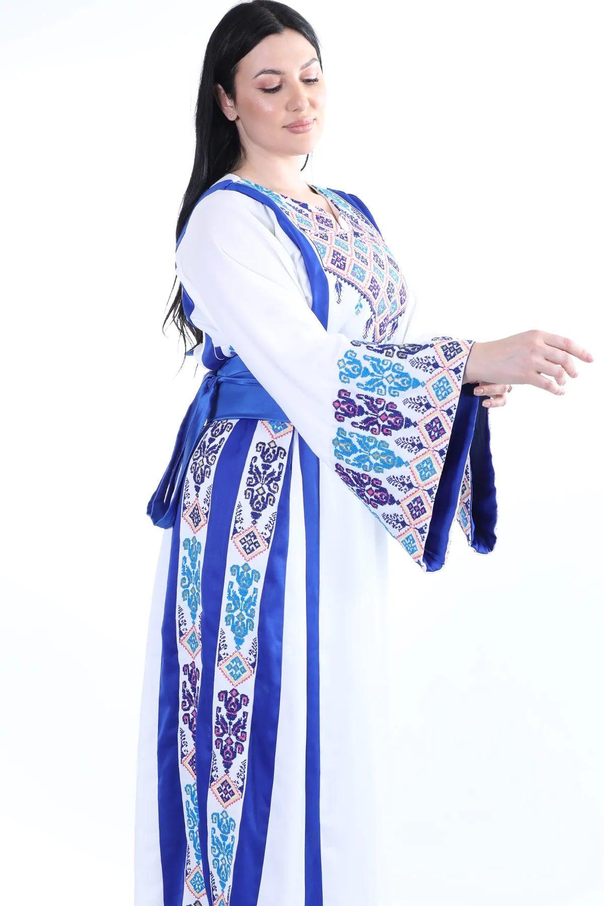 White & Blue Hand-Stitched Thoub - Tatreez Store