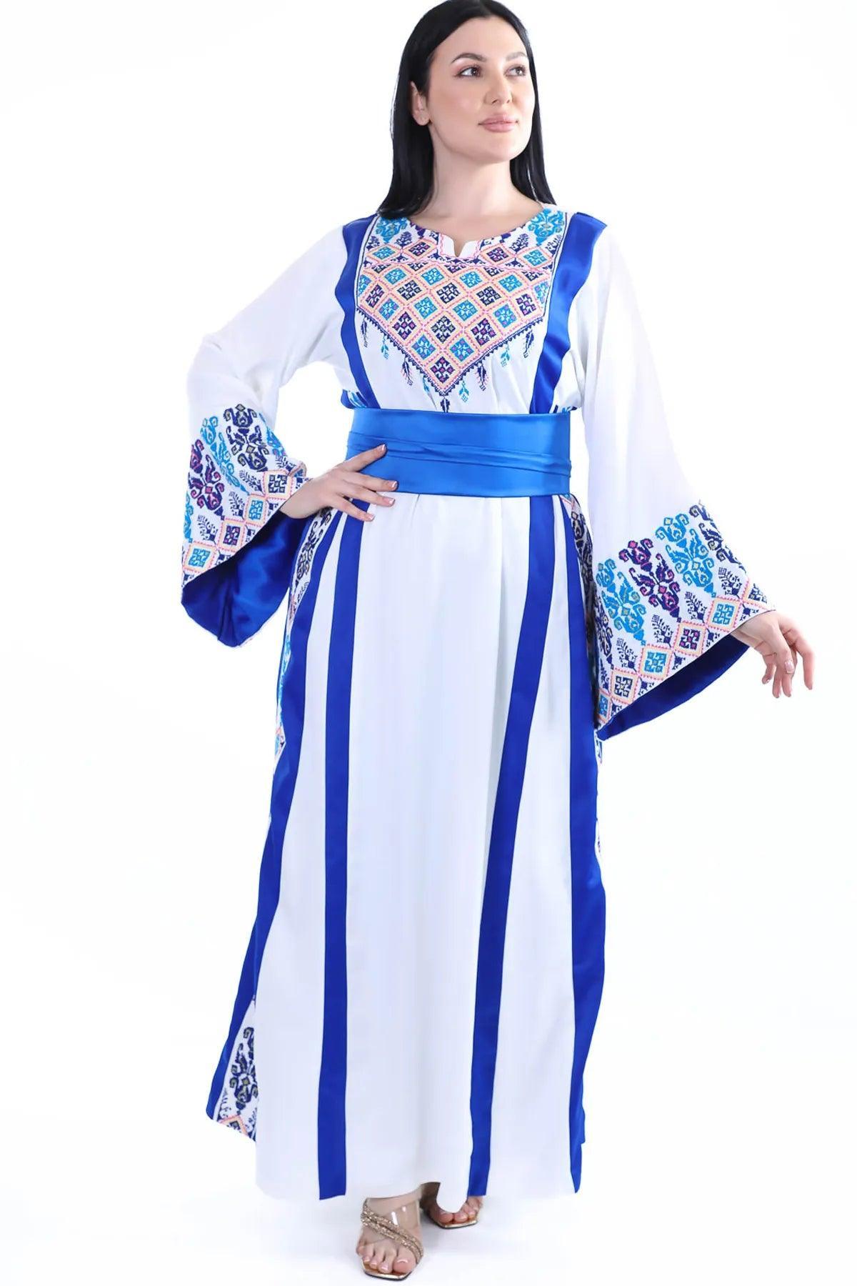 White & Blue Hand-Stitched Thoub - Tatreez Store