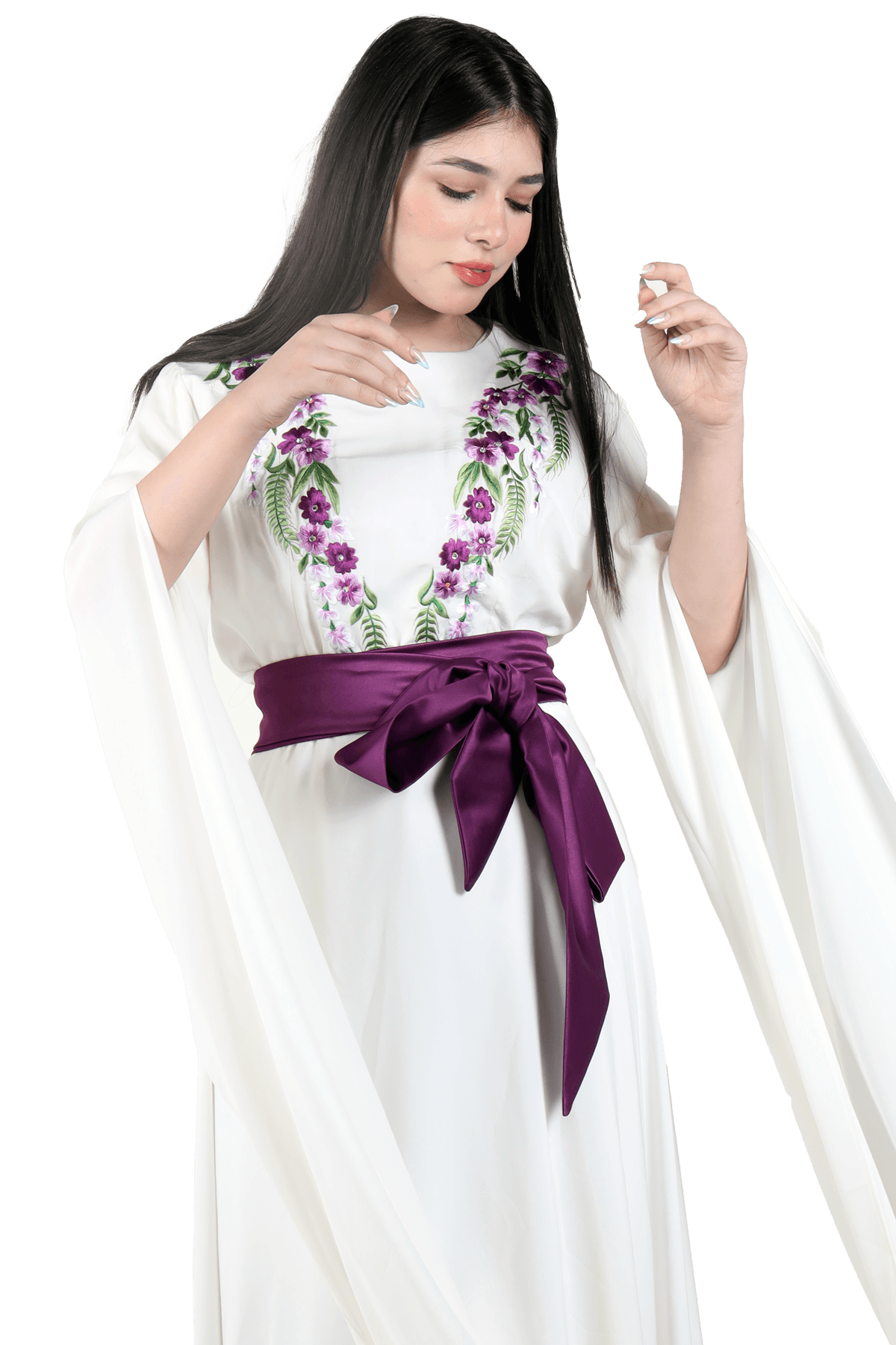 Long sleeve off-White flowers dress - TATREEZ STORE