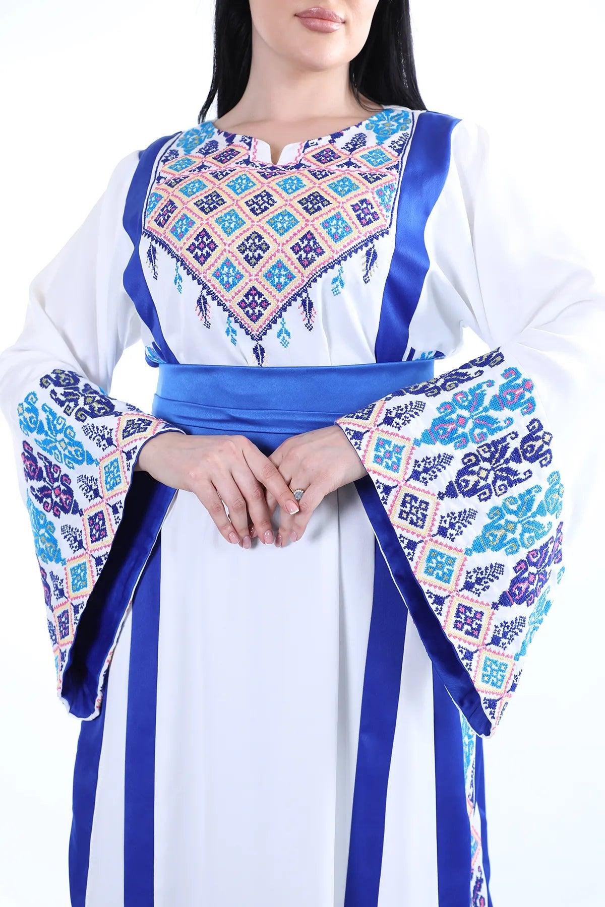 White & Blue Hand-Stitched Thoub - Tatreez Store